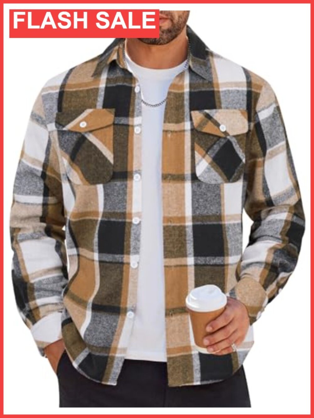 Men's Flannel Button Down Shirt Jacket Long Sleeve Plaid Casual with Pockets